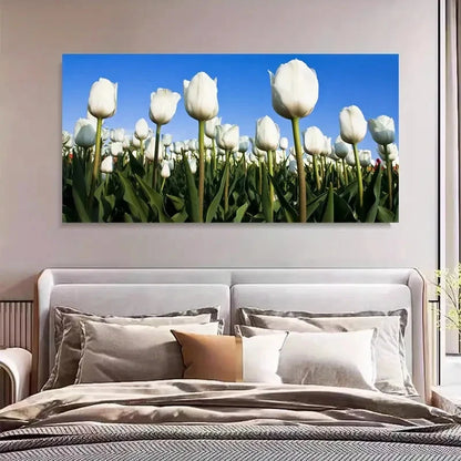 White Tulips & Blue Sky Flower Wall Art Canvas Office Home Room Framed 120x60cm - Bella Home Decor