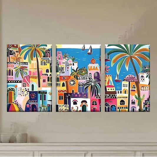 3pcs a painting of a city with palm trees Wall Art Set Canvas Framed 60x90cm - High Quality Print 100% Australian Made Wall Canvas Ready to Hang