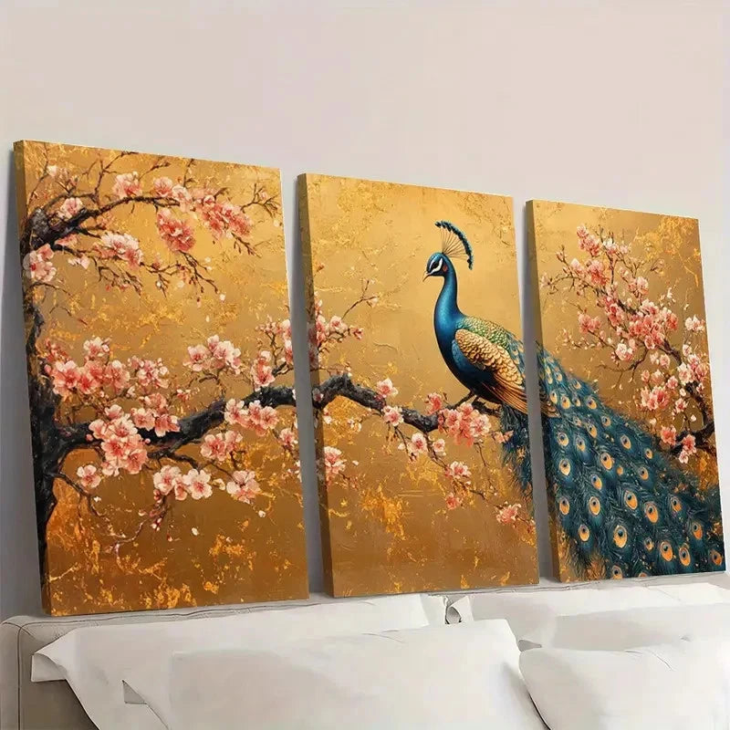 3pcs Blue Peacock Art with Golden Background G Wall Art Set Canvas Framed 50x70cm - High Quality Print 100% Australian Made Wall Canvas Ready to Hang - Bella Home Decor