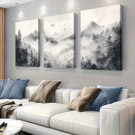 3pcs Monochrome Forest Misty Art Set Canvas Framed 50x70cm - High Quality Print 100% Australian Made Wall Canvas Ready to Hang