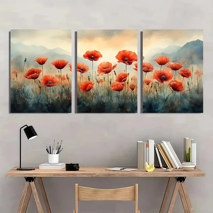 3pcs Red Poppy Meadow Watercolor Landscape Art Metal Print Ready to Hang Art - Bella Home Decor