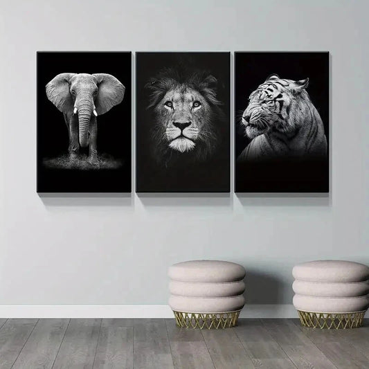 3pcs Elephant Lion Tiger Animal Prints Metal Print Ready to Hang Art
