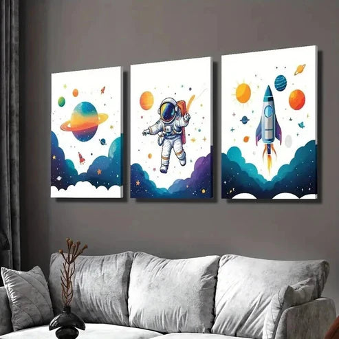 3pcs Cute Astronaut Traveling Planet & Rockets Wall Art Set Canvas Unframed - High Quality Print 100% Australian Made Wall Canvas - Bella Home Decor
