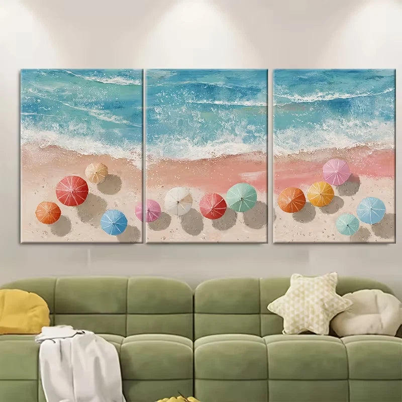 3pcs Aerial Beach View with Umbrellas Metal Print Ready to Hang Art - Bella Home Decor