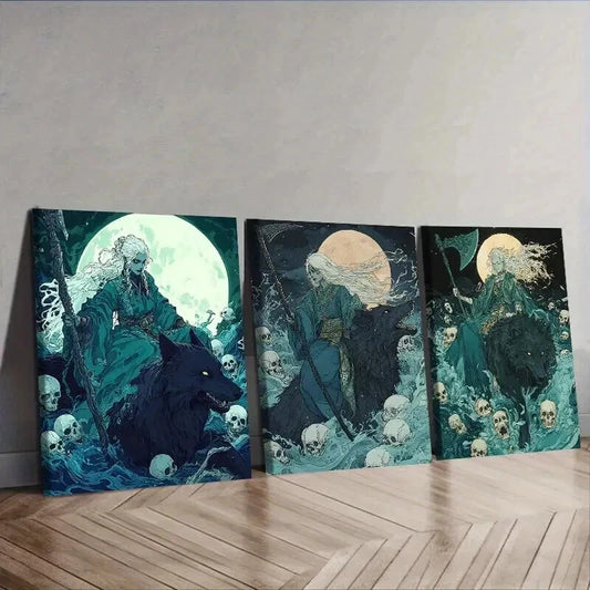 3pcs Gothic Fantasy Art with Moonlit Wolves Wall Art Set Canvas Framed 50x70cm - High Quality Print 100% Australian Made Wall Canvas Ready to Hang