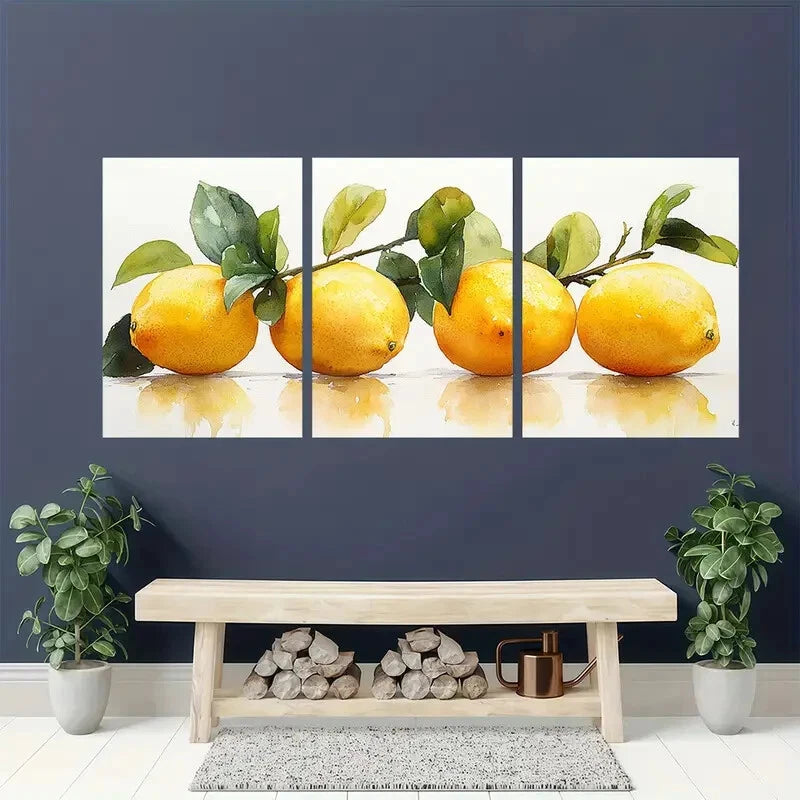 3pcs Lemon On Tree Branch Watercolor Painting Metal Print Ready to Hang Art - Bella Home Decor