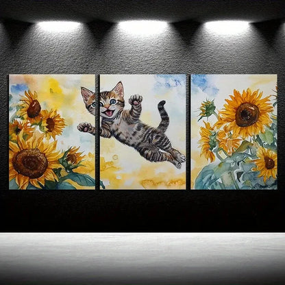 3pcs Cat Is Playing in The Sunflower Field Metal Print Ready to Hang Art - Bella Home Decor