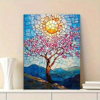 Cherry Blossom Tree with Pink Flowers Painting 40x60cm Metal Print Ready to Hang