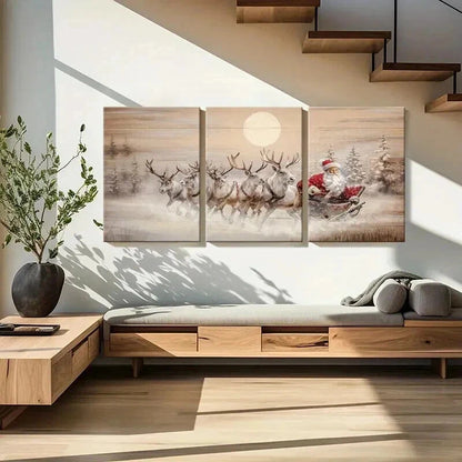 3pcs Santa Claus Reindeer Sleigh Moonlight Wall Art Set Canvas Framed 50x70cm - High Quality Print 100% Australian Made Wall Canvas Ready to Hang - Bella Home Decor