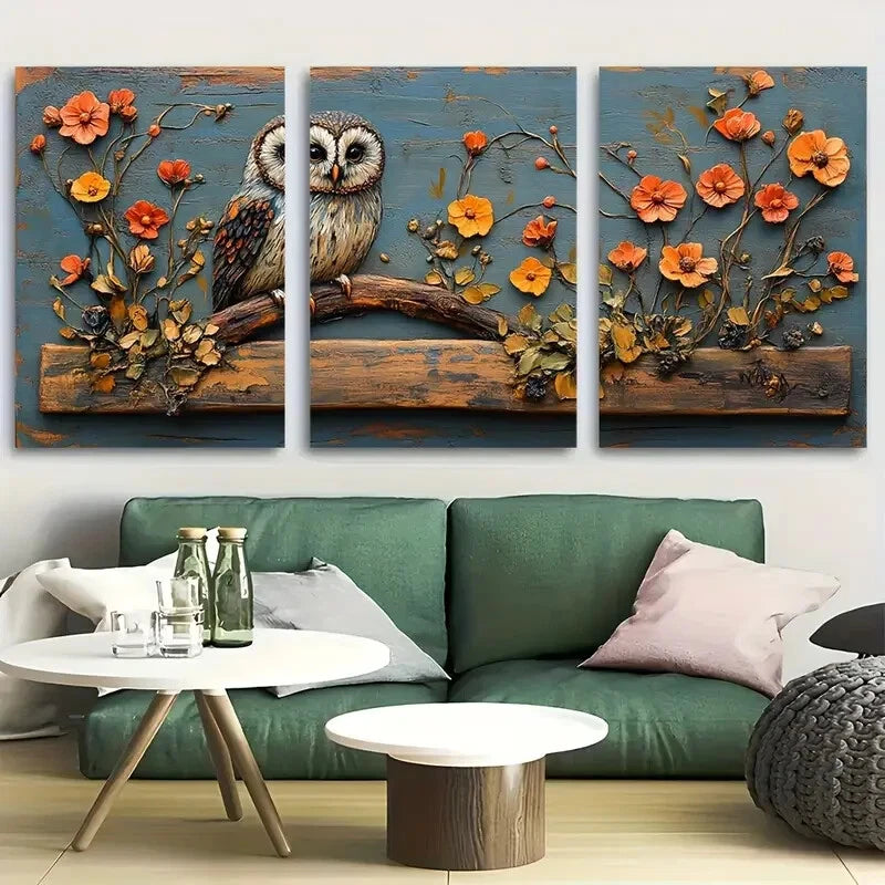 3pcs Rustic Owl with Floral Wildlife Design Metal Print Ready to Hang Art