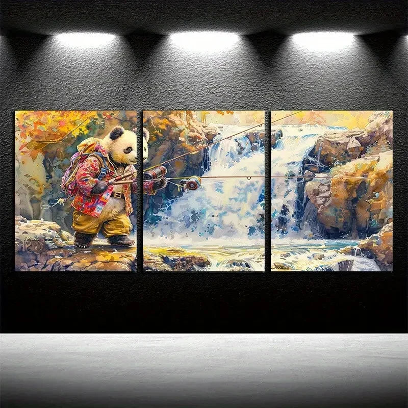 3pcs Whimsical Panda Fishing Metal Print Ready to Hang Art - Bella Home Decor