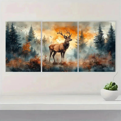 3pcs Autumn Woodland Scene with Majestic Deer Metal Print Ready to Hang Art - Bella Home Decor