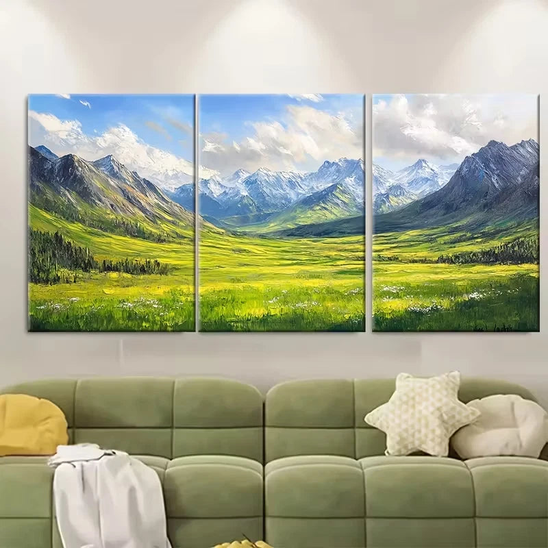 3pcs Green Fields Textured Metal Print Ready to Hang Art