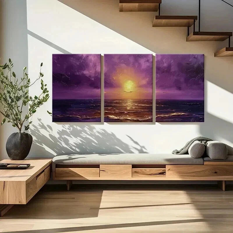 3pcs Sunset Over The Sea Purple Sky Golden Sun Wall Art Set Canvas Framed 60x90cm - High Quality Print 100% Australian Made Wall Canvas Ready to Hang - Bella Home Decor