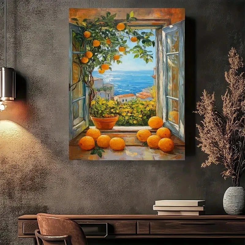 Beautiful Vibrant Orange & Lemon Tree Scene Painting 40x60cm Metal Print Ready to Hang - Bella Home Decor