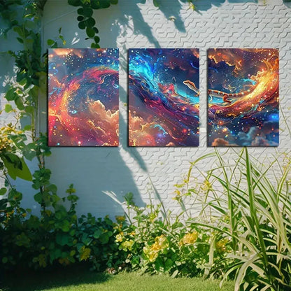 3pcs Vibrant Gecko Floating in Space Illustration Metal Print Ready to Hang Art