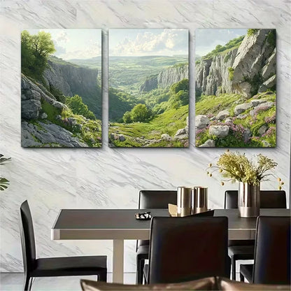 3pcs Vivid Greenery & Rocky Cliffs Metal Print Ready to Hang Art