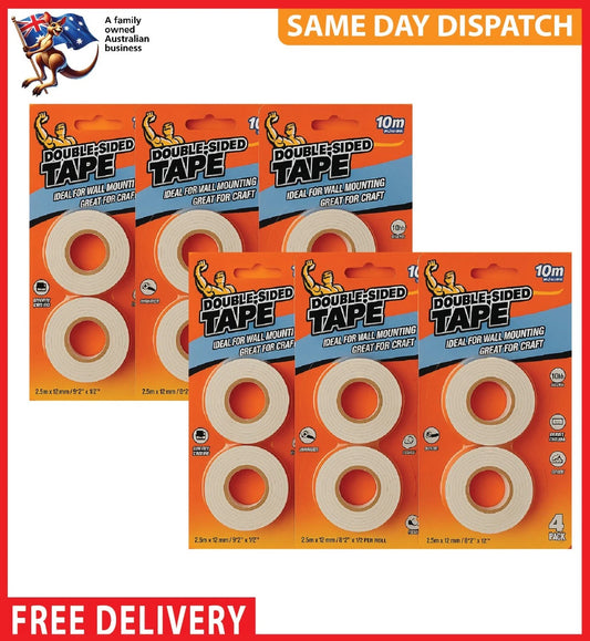 6-Pack Double-Sided Mounting Tape 10M x 12mm 24 rolls total 240 meters