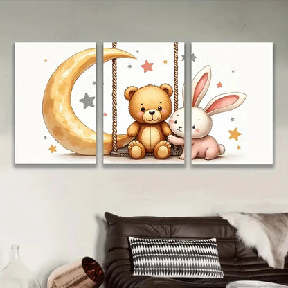 3pcs Teddy Bear And Rabbit Print Wall Art Set Canvas Framed 50x70cm - High Quality Print 100% Australian Made Wall Canvas Ready to Hang