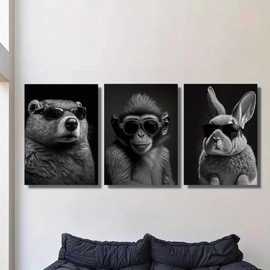 3pcs Beaver, Monkey & Rabbit Glasses Metal Print Ready to Hang Art