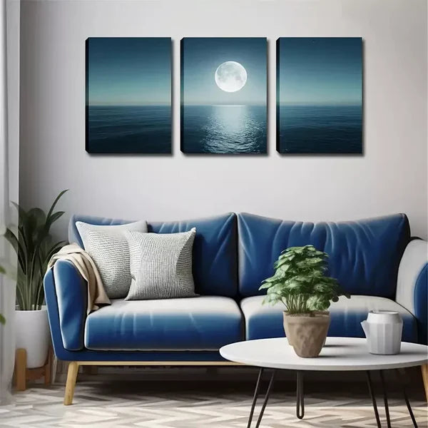 3pcs Round Moon, Sea Level, Oil Painting, Wall Art Set Canvas Framed 60x90cm - High Quality Print 100% Australian Made Wall Canvas Ready to Hang - Bella Home Decor