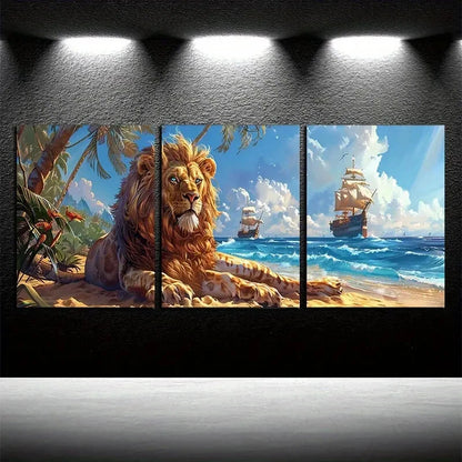 3pcs Lion and Ocean Cruise Ship Beach Scene Metal Print Ready to Hang Art - Bella Home Decor
