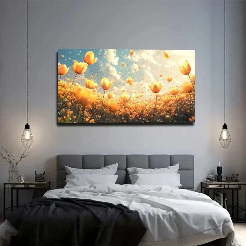 Painting of a sunflower field above a bed in a bedroom
