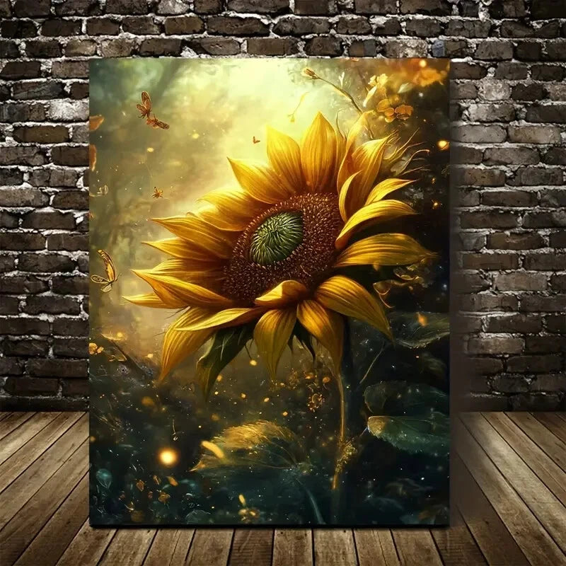 Vibrant Sunflower with Butterflies & Golden Painting 40x60cm Metal Print Ready to Hang - Bella Home Decor