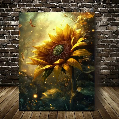 Vibrant Sunflower with Butterflies & Golden Painting 40x60cm Metal Print Ready to Hang - Bella Home Decor