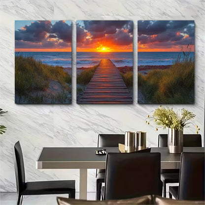 3pcs Long Wooden Path to Sunset Beach Metal Print Ready to Hang Art