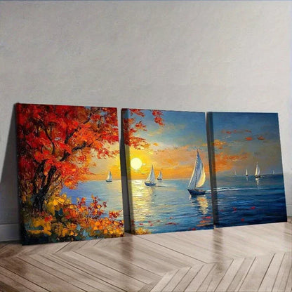 3pcs Serene Sailboat Sunset Scene Vibrant Autumn Wall Art Canvas Unframed - High Quality Print 100% Australian Made Wall Canvas - Bella Home Decor