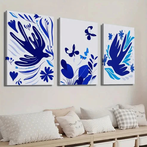 3pcs Vibrant Blue Flowers Birds & Butterflies Wall Art Set Canvas Unframed - High Quality Print 100% Australian Made Wall Canvas