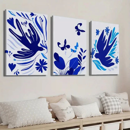 3pcs Vibrant Blue Flowers Birds & Butterflies Wall Art Set Canvas Unframed - High Quality Print 100% Australian Made Wall Canvas