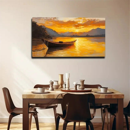 Dusk On The Lake Boat Wall Art canvas office home room framed 120x60cm