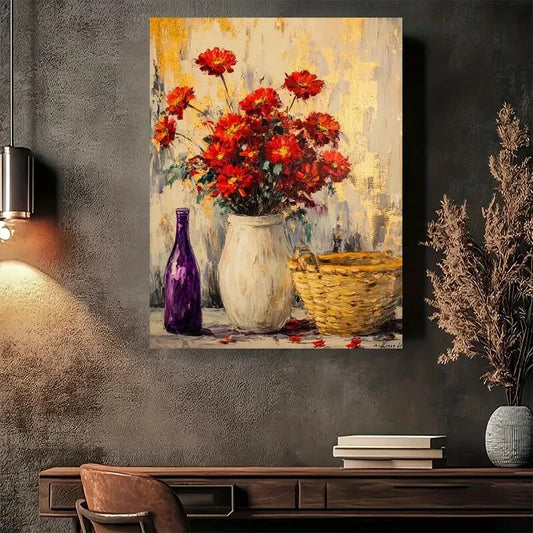 Beautiful Vibrant Red Flowers Wicker Basket & Purple 40x60cm Metal Print Ready to Hang
