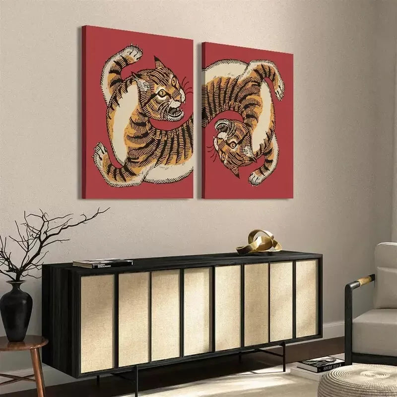 2pcs Decorative Painting, Tiger, Retro Painting Decoration Canvas Framed 50x75cm - High Quality Print 100% Australian Made Wall Canvas Ready to Hang - Bella Home Decor