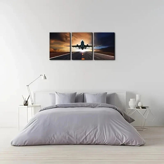 3pcs Plane Flying Over Runway Posters Metal Print Ready to Hang Art