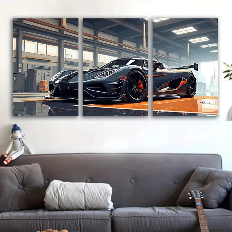 3pcs Black & Orange Sports Car Metal Print Ready to Hang Art - Bella Home Decor