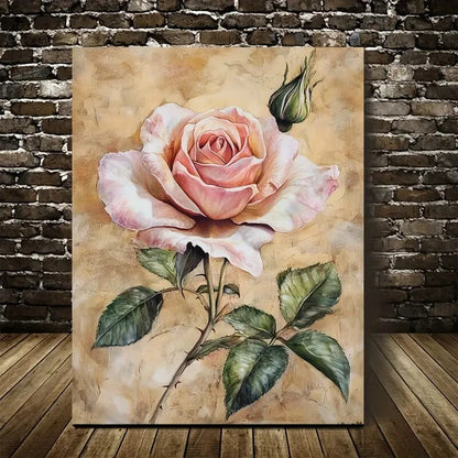 Elegant Rose with Green Leaves Painting 40x60cm Metal Print Ready to Hang