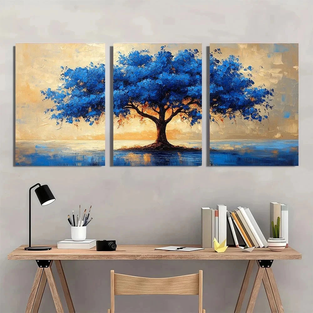 3pcs Lakeside blue tree Modern Abstract Painting Wall Art Set Canvas Framed 50x70cm - High Quality Print 100% Australian Made Wall Canvas Ready to Hang