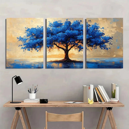 3pcs Lakeside blue tree Modern Abstract Painting Wall Art Set Canvas Framed 50x70cm - High Quality Print 100% Australian Made Wall Canvas Ready to Hang
