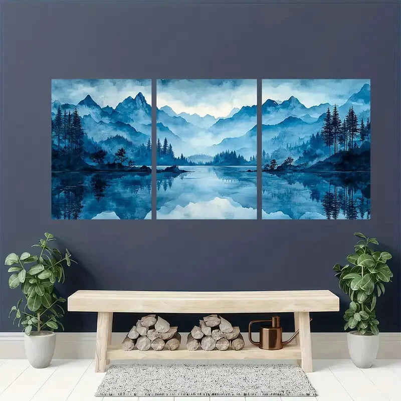 3pcs Abstract Blue & White Mountain Forest Metal Print Ready to Hang Art - Bella Home Decor