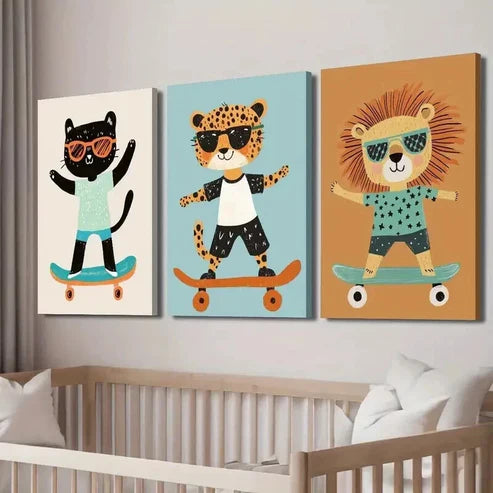 3pcs Funny Cartoon Cheetah Cat Lion Illustration Wall Art Set Canvas Unframed - High Quality Print 100% Australian Made Wall Canvas - Bella Home Decor