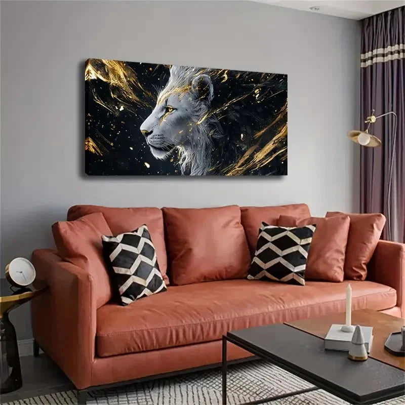 Realistic White Lion Golden Wall Art Canvas Office Home Room Framed 120x60cm