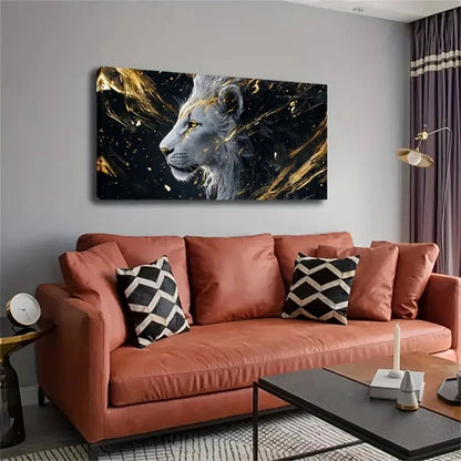 Realistic White Lion Golden Wall Art Canvas Office Home Room Framed 120x60cm