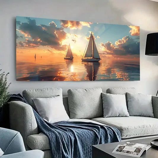Serene Sunset Sailboats  Wall Art wall canvas office home room framed 120x60cm - Bella Home Decor