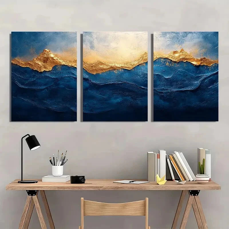 3pcs Blue and White Abstract Painting Golden Metal Print Ready to Hang Art - Bella Home Decor