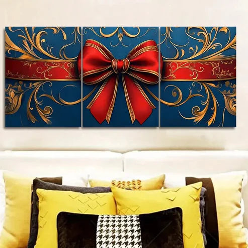 3pcs Modern Golden Red Bow Wall Art Set Canvas Unframed - High Quality Print 100% Australian Made Wall Canvas