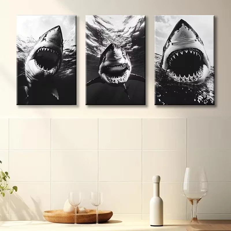 3pcs Great White Shark Illustration Wall Art Set Canvas Framed 50x70cm - High Quality Print 100% Australian Made Wall Canvas Ready to Hang
