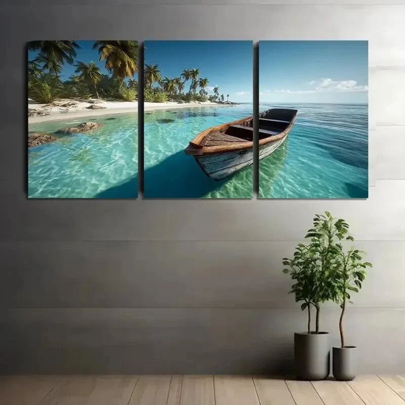 3pcs Serene Wooden Boat in Clear Blue Water Metal Print Ready to Hang Art - Bella Home Decor